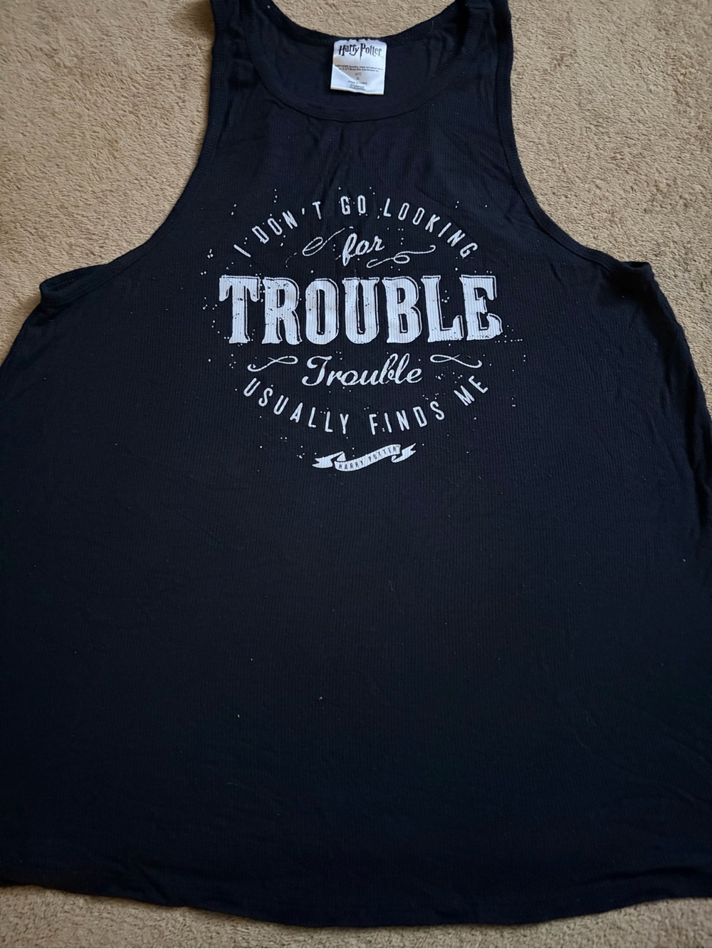 Authentic Harry Potter . Black Women’s Tank Top with White "Trouble" Graphic